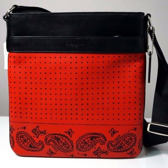 Coach Charles Red/Black Bandana Printed Leather Sport Calf Crossbody Bag F55961 - Picture 7 of 7